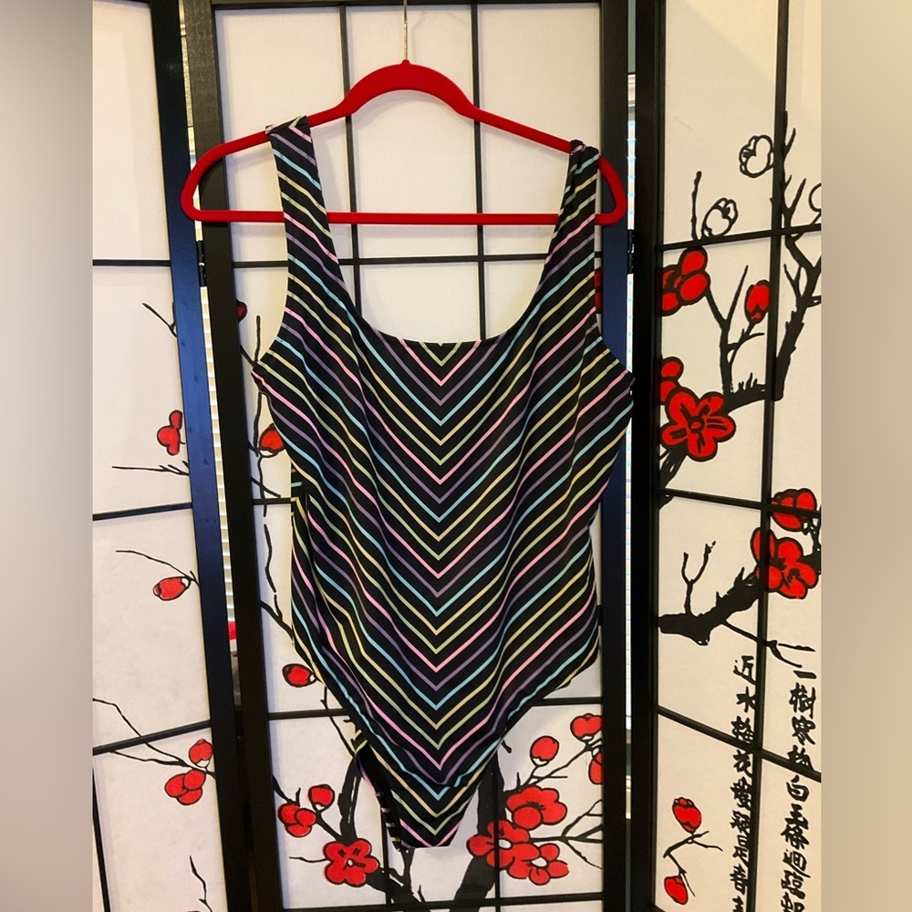 Womens Size XL Victoria Secret PINK Multi Pastel Stripe Long Waist Swimsuit